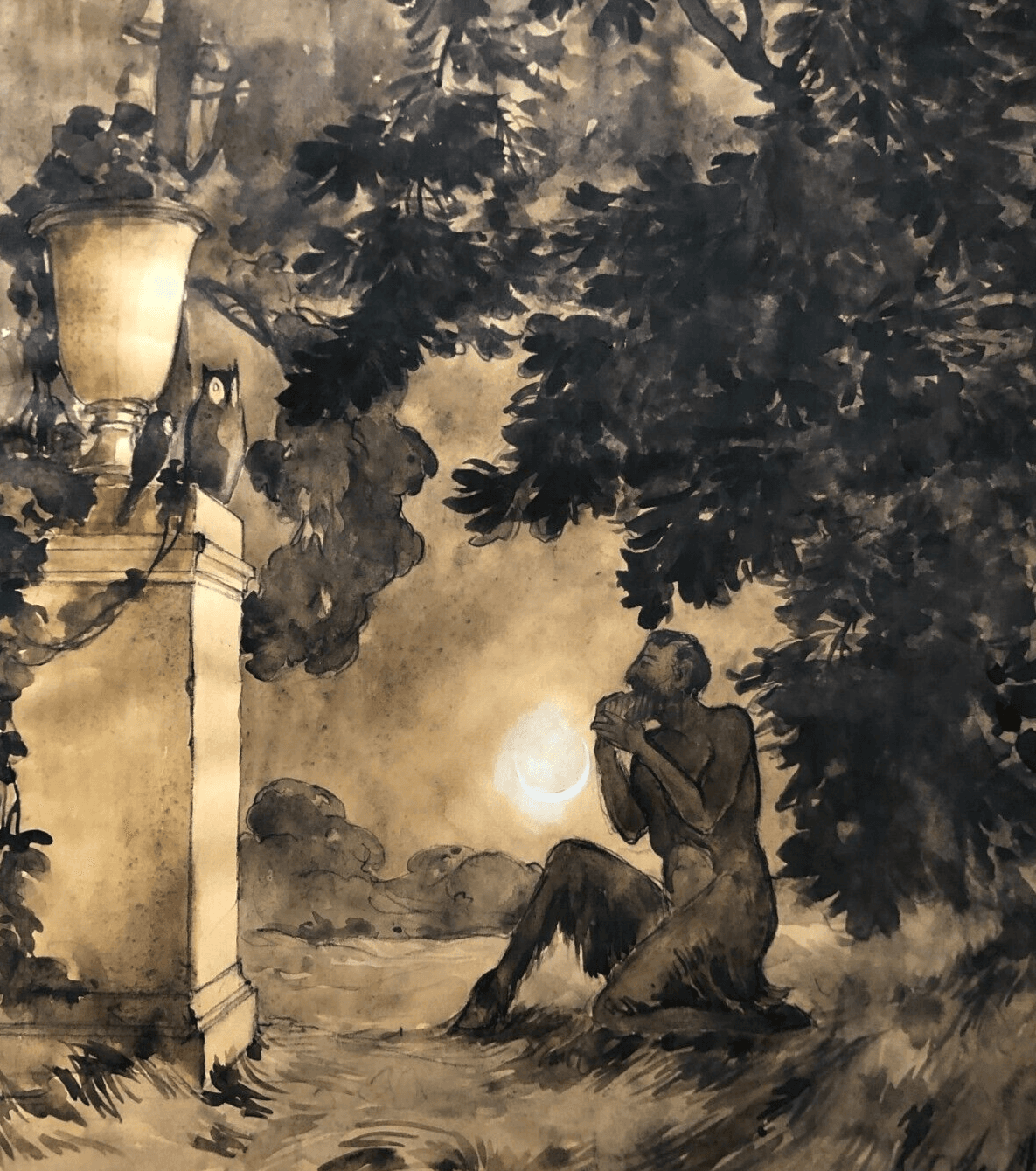 Original Antique Drawing Pan in the Forest at Night, Moon