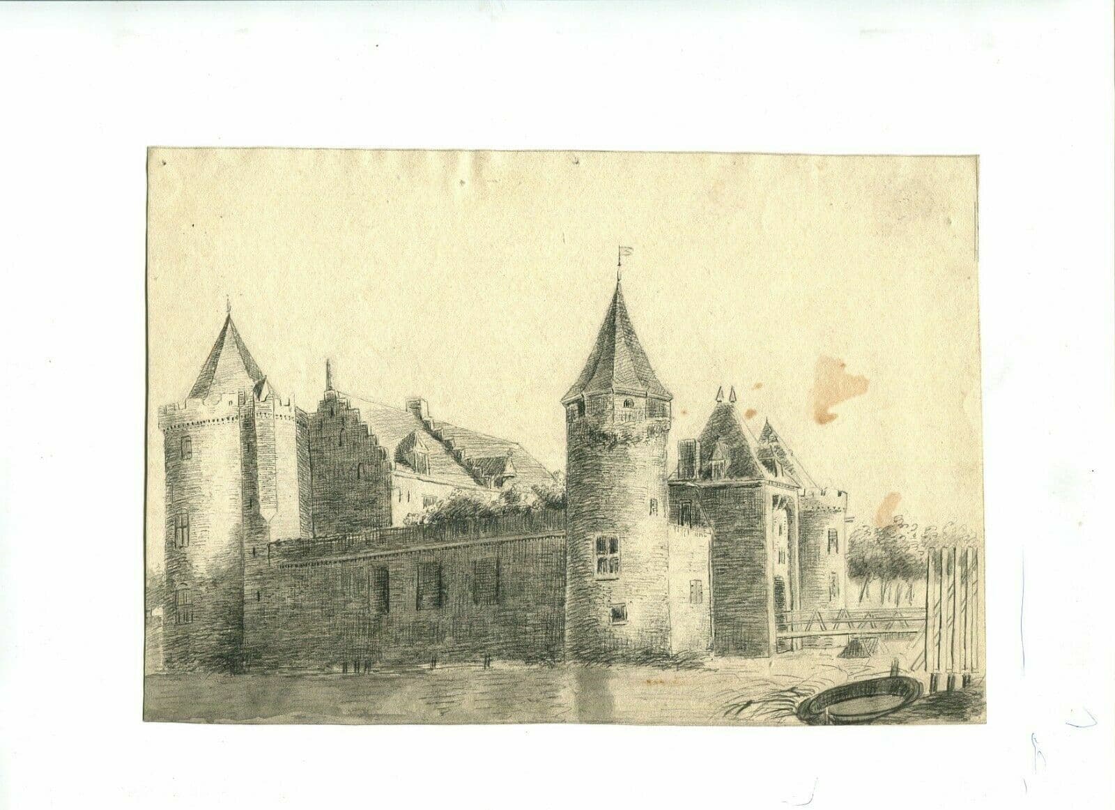 Drawing Landscape, Castle, Architecture Original 19th image 2