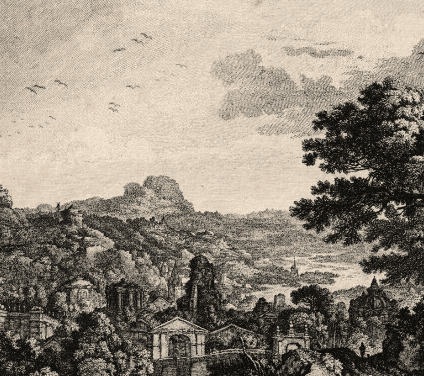 Antique Original Etching Landscape, Forest, Mountain, Trees, Cityview image 6