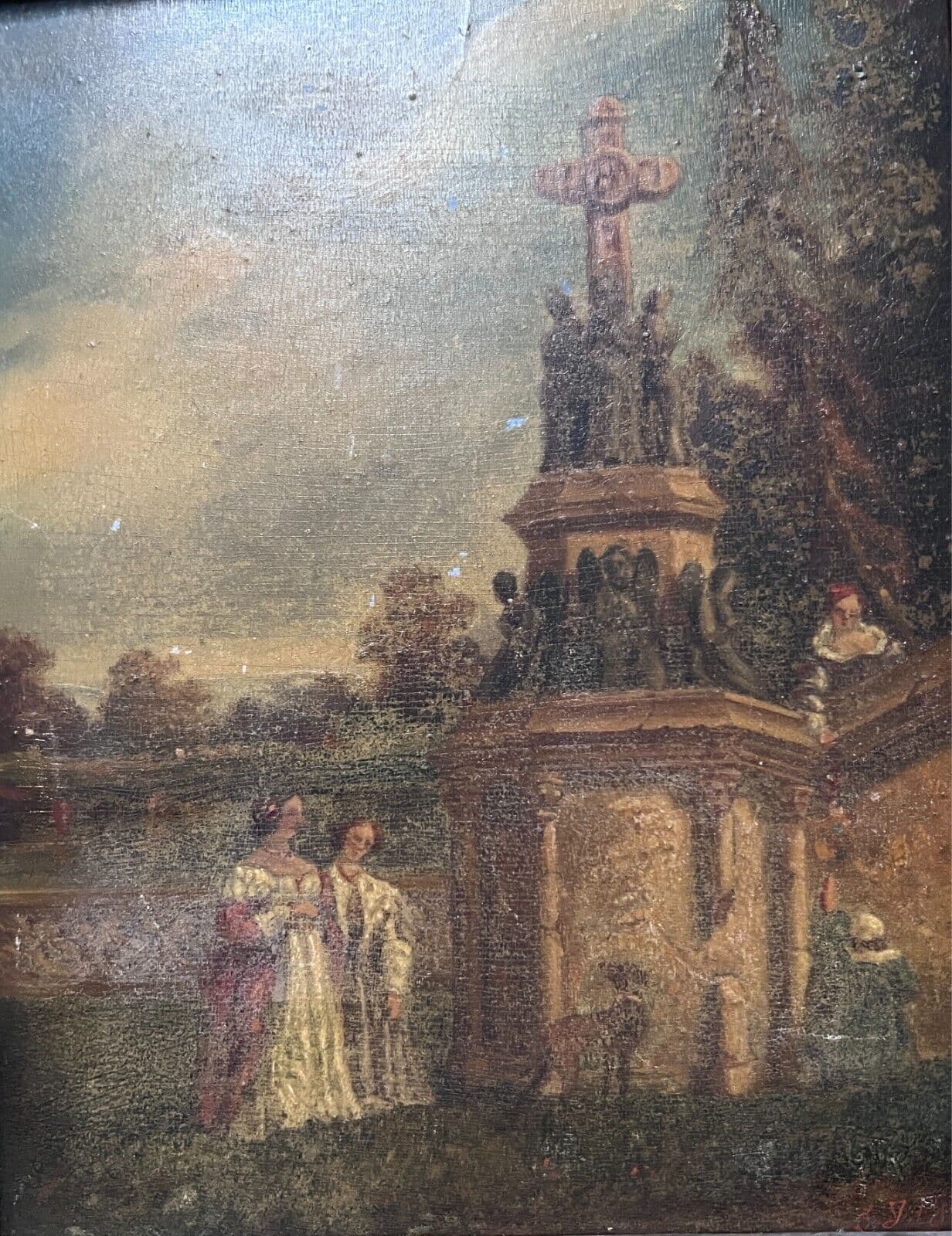 Antique Painting Original 19th century Calvary monuments, People, Landscape 1871