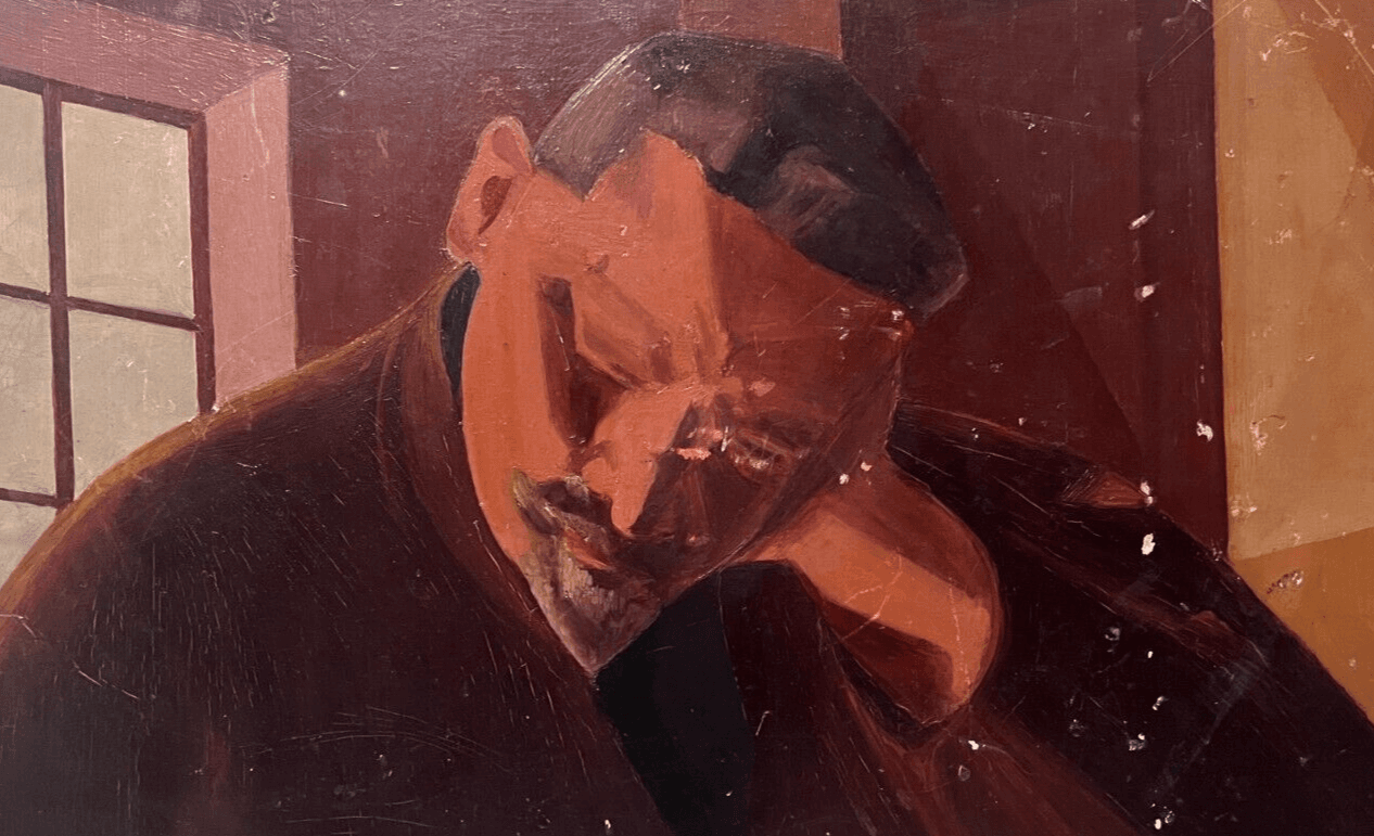 Antique Original Painting Red Man Portrait Sleeping
