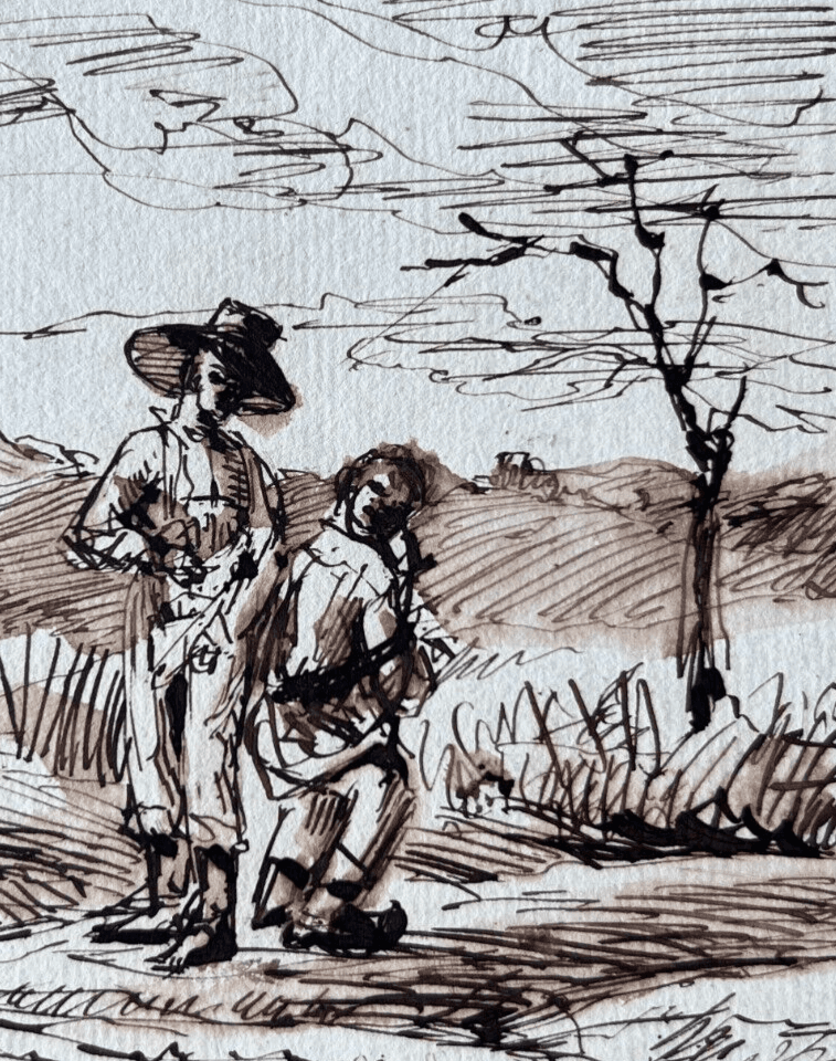 Antique Original Drawing signed Men Portraits, Life Scene, Landscape image 2