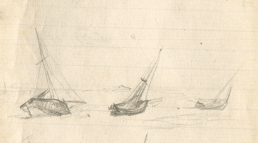 Vintage Pencil Original Drawing Maritime Landscape, Boats, Seascape