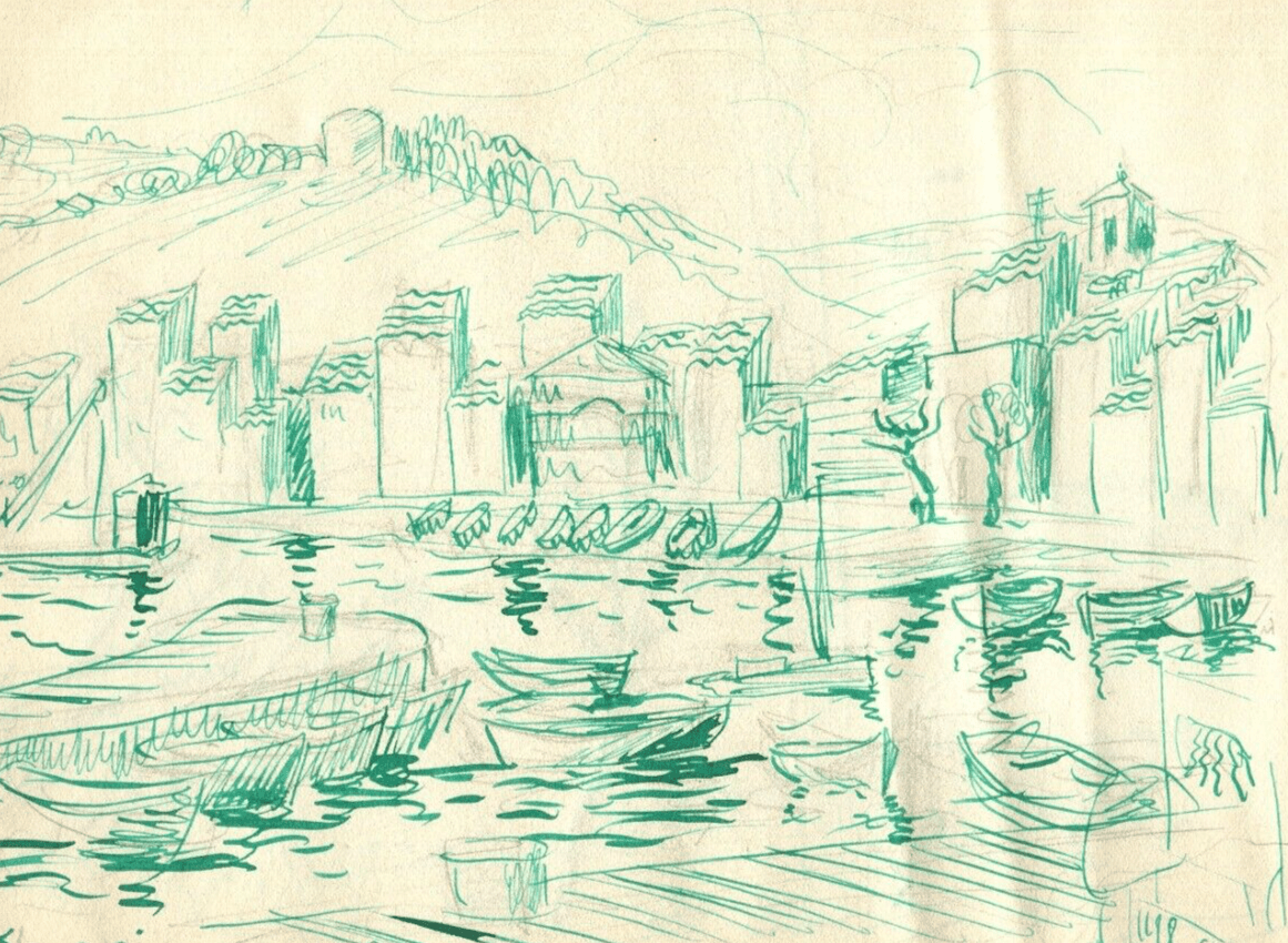 Vintage Ink Drawing Maritime Village by Sea Landscape and Boats c. 1929