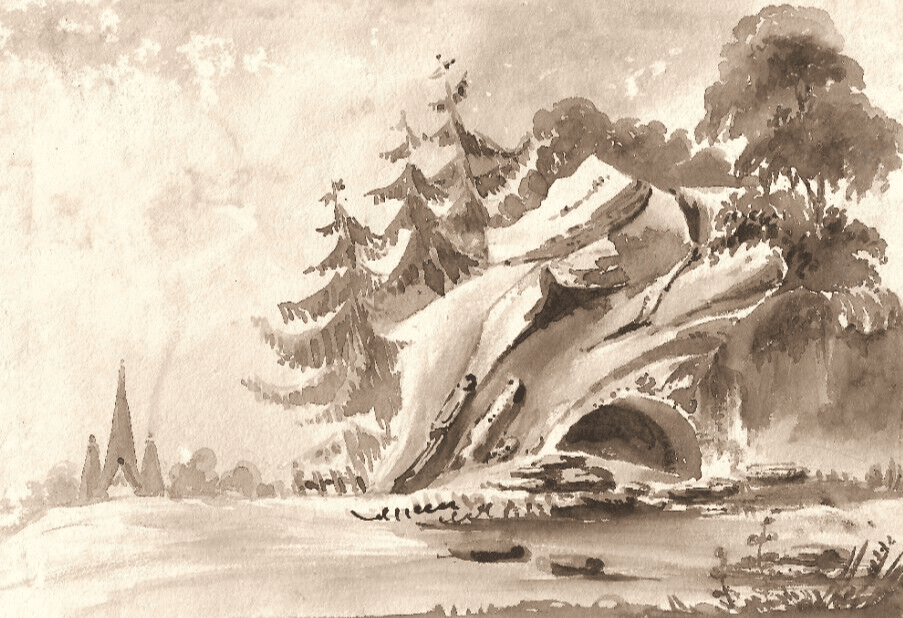 Antique Ink Original Drawing 19th century Cave, Landscape, Tree, Forest