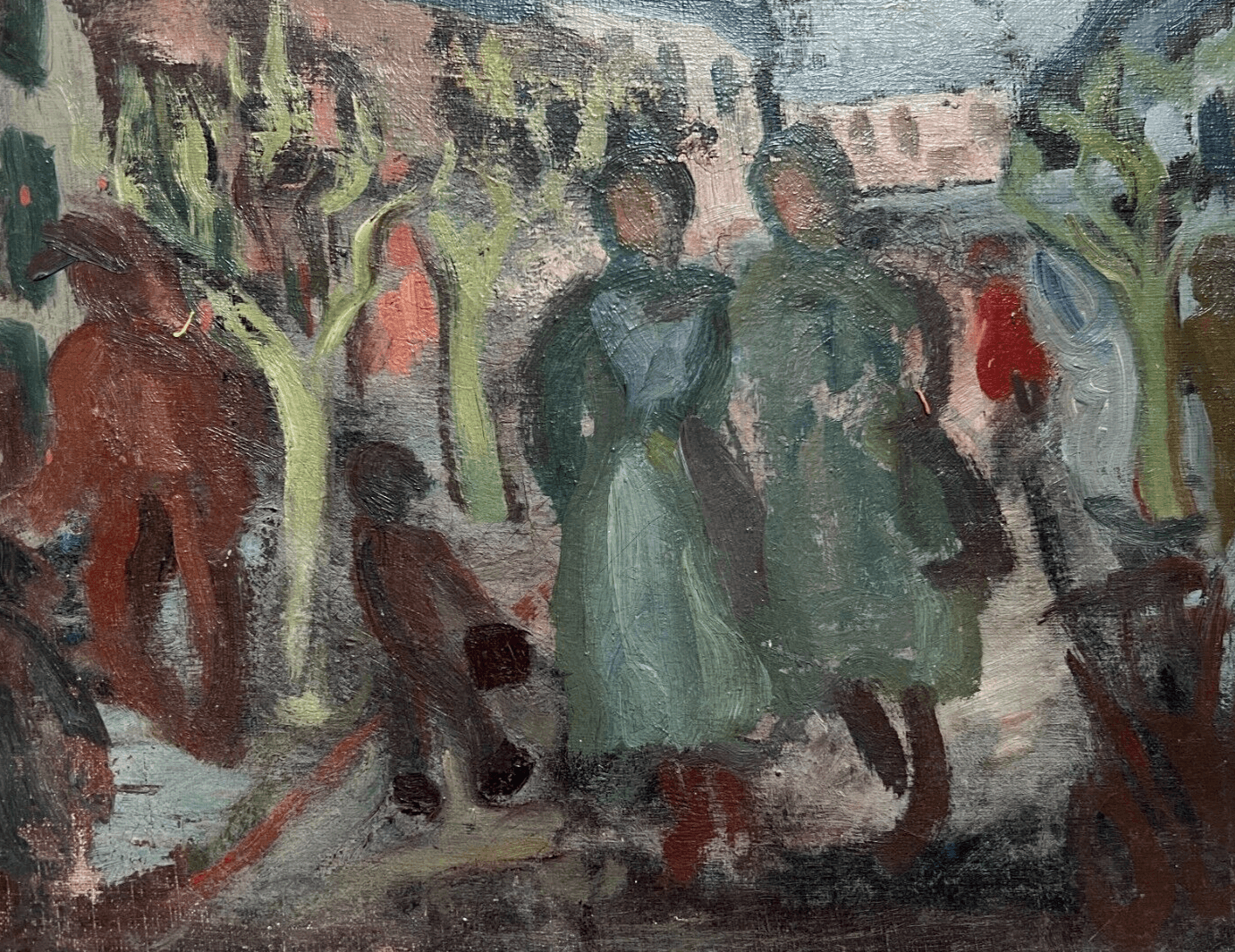 Antique Original Painting People, Cityview, Life Scene, Buildings c. 1920