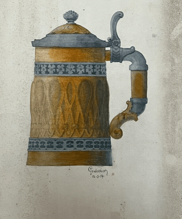 Antique Architecture Original Drawing Architecture, Water Can signed