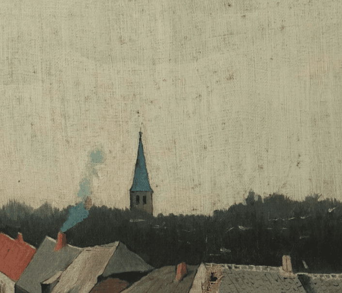 Antique Original Oil Painting Ciyview, Landscape, Breton, Village, People signed image 5