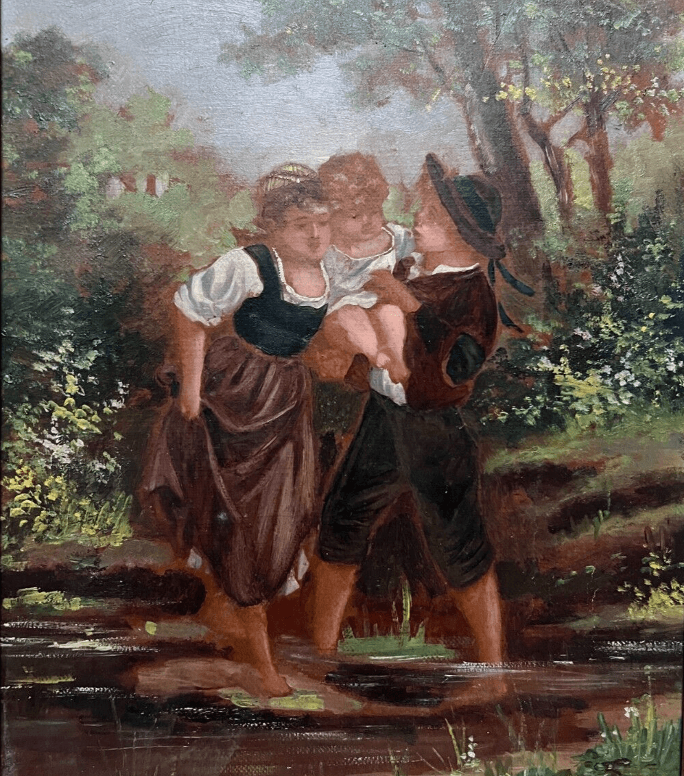 Antique Oil Painting on Canvas Origina Family Portrait, Baby