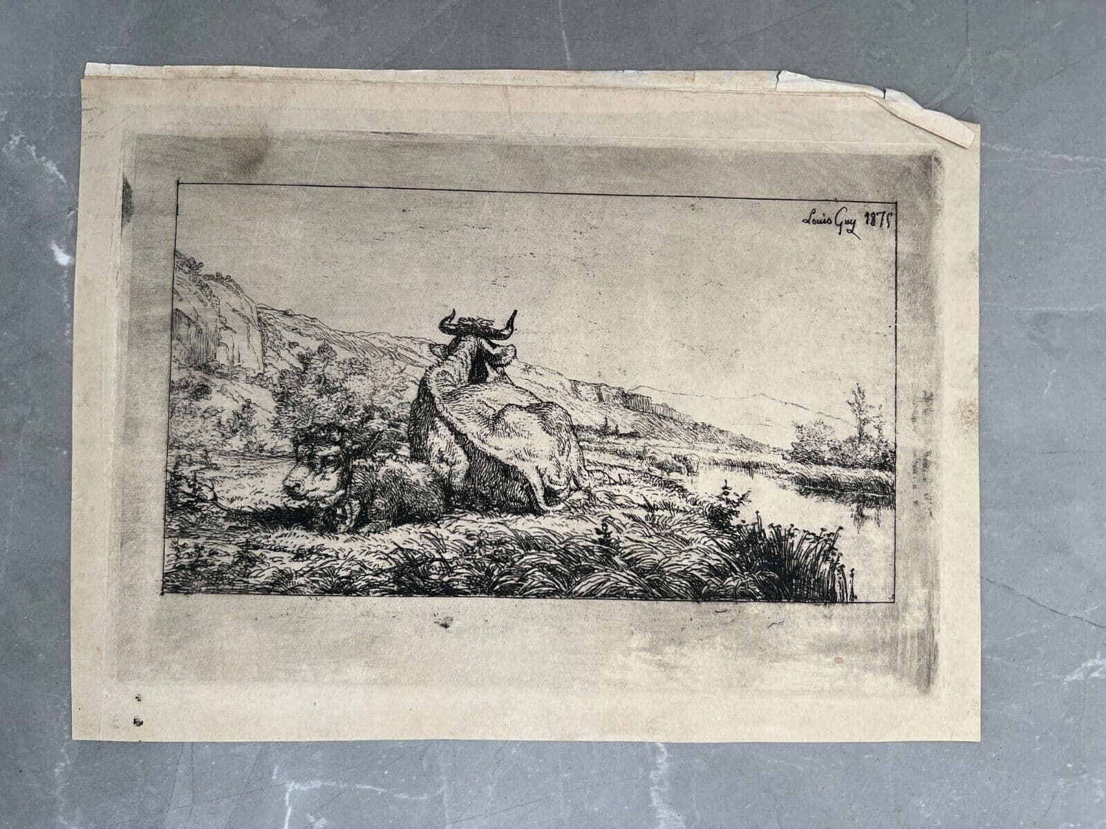 Etching Original Louis GUY (1824-1888) Landscape, Cows 1875 image 2