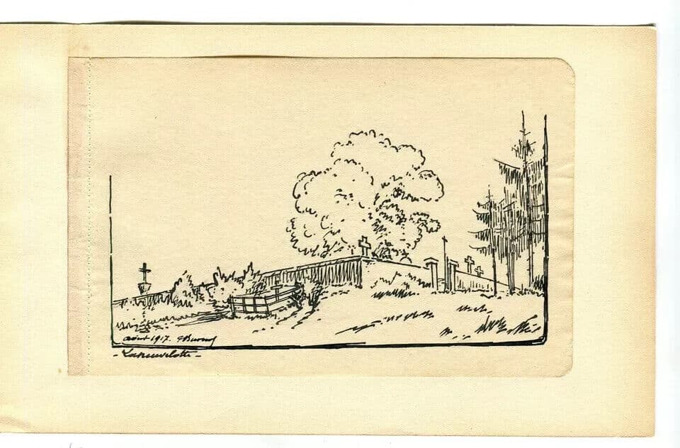 Vintage Ink Drawing Original Landscape Laneuvelotte, Cemetery Lorraine 1917 image 6