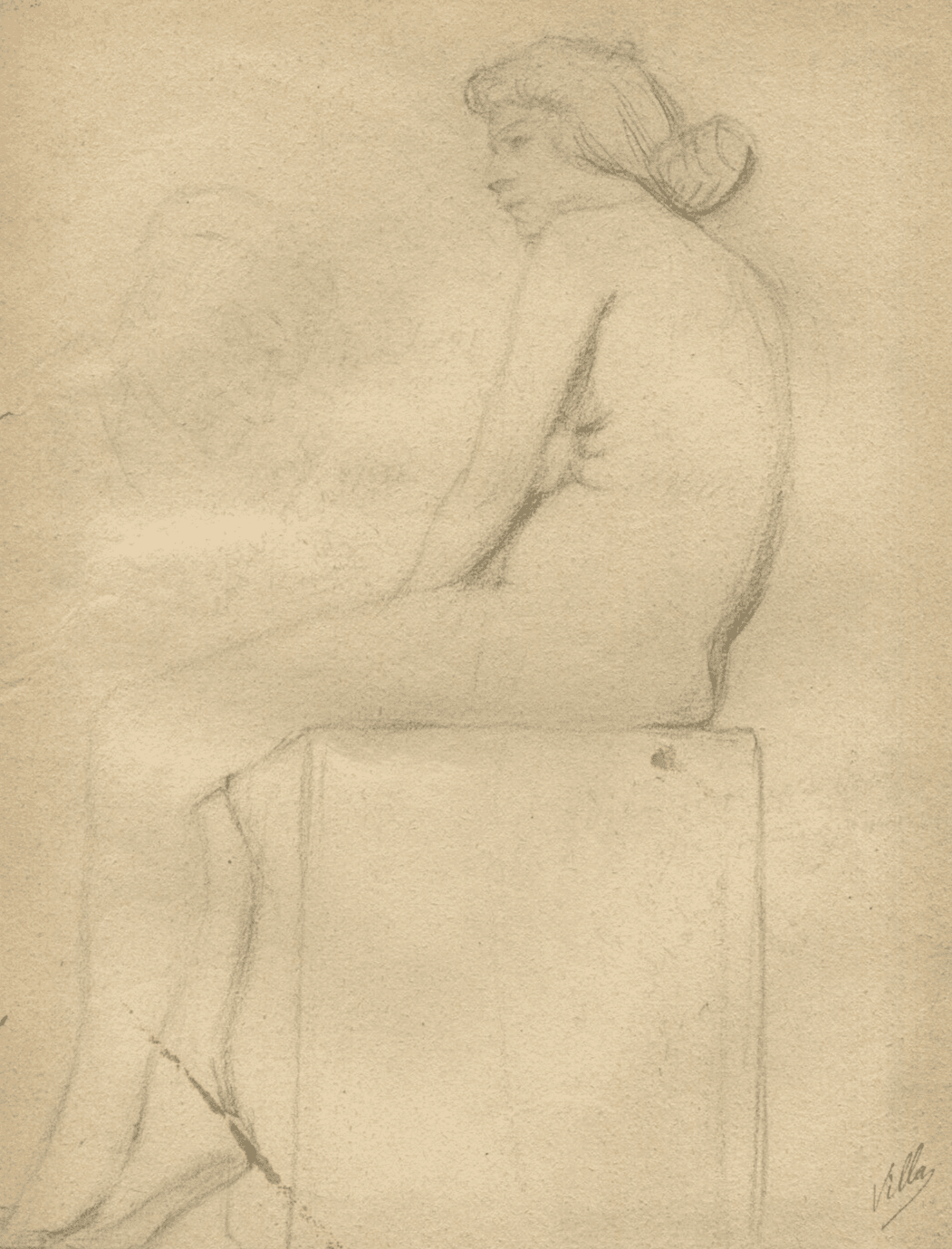 Antique Pencil Drawing Original Nude Woman Portrait signed
