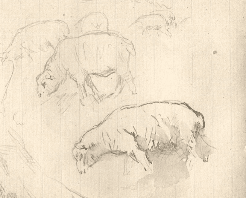 Vintage Ink Original Drawing Animals, Sheep, Cow, Stable