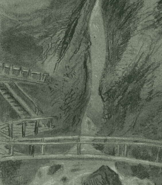 Antique Chacoral Drawing Landscape with Waterfall Sources from Grindlwald 1888