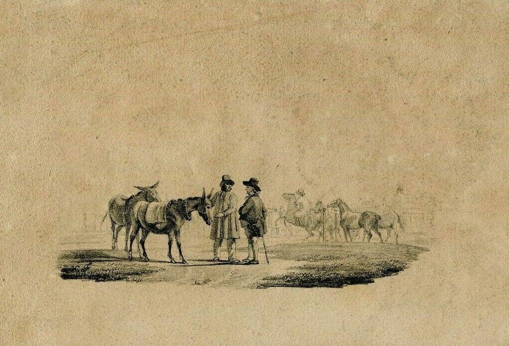 Antique Pencil Drawing 19th century of Horses and People