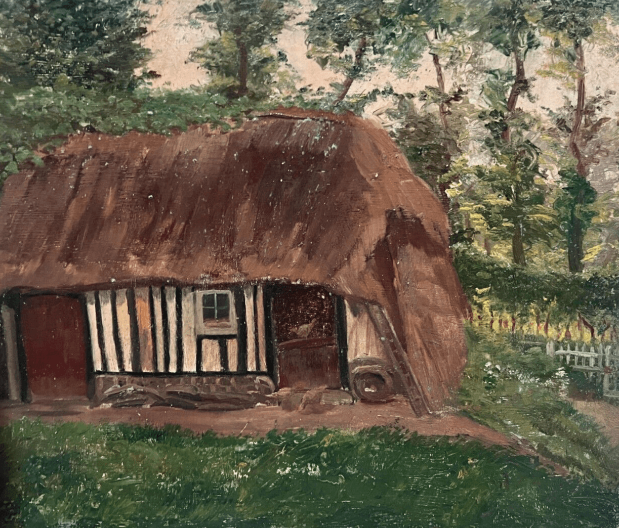 Antique Original Painting Landscape, House, Farm, Trees, Forest, Sennelier image 1