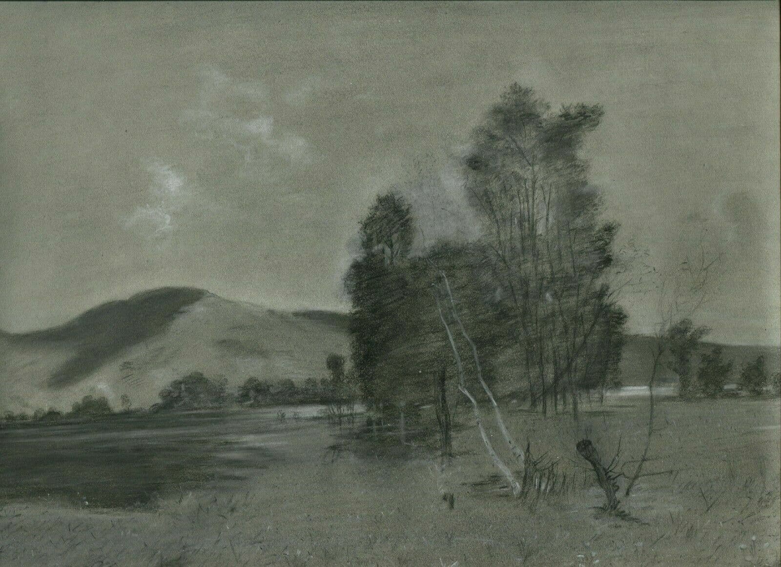 Drawing signed Landscape, Tree, River image 1