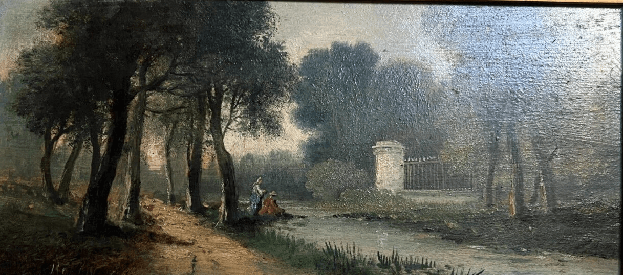 Antique Original Painting signed Landscape, People, Forest, River 19th century