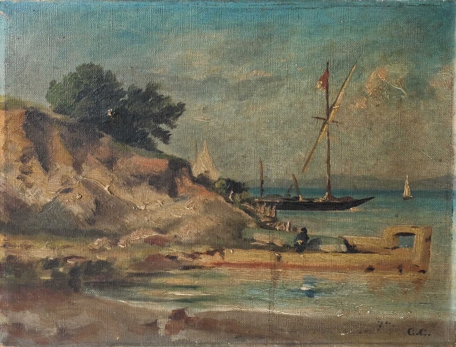 Painting Seascape View Maritime, Boat and People