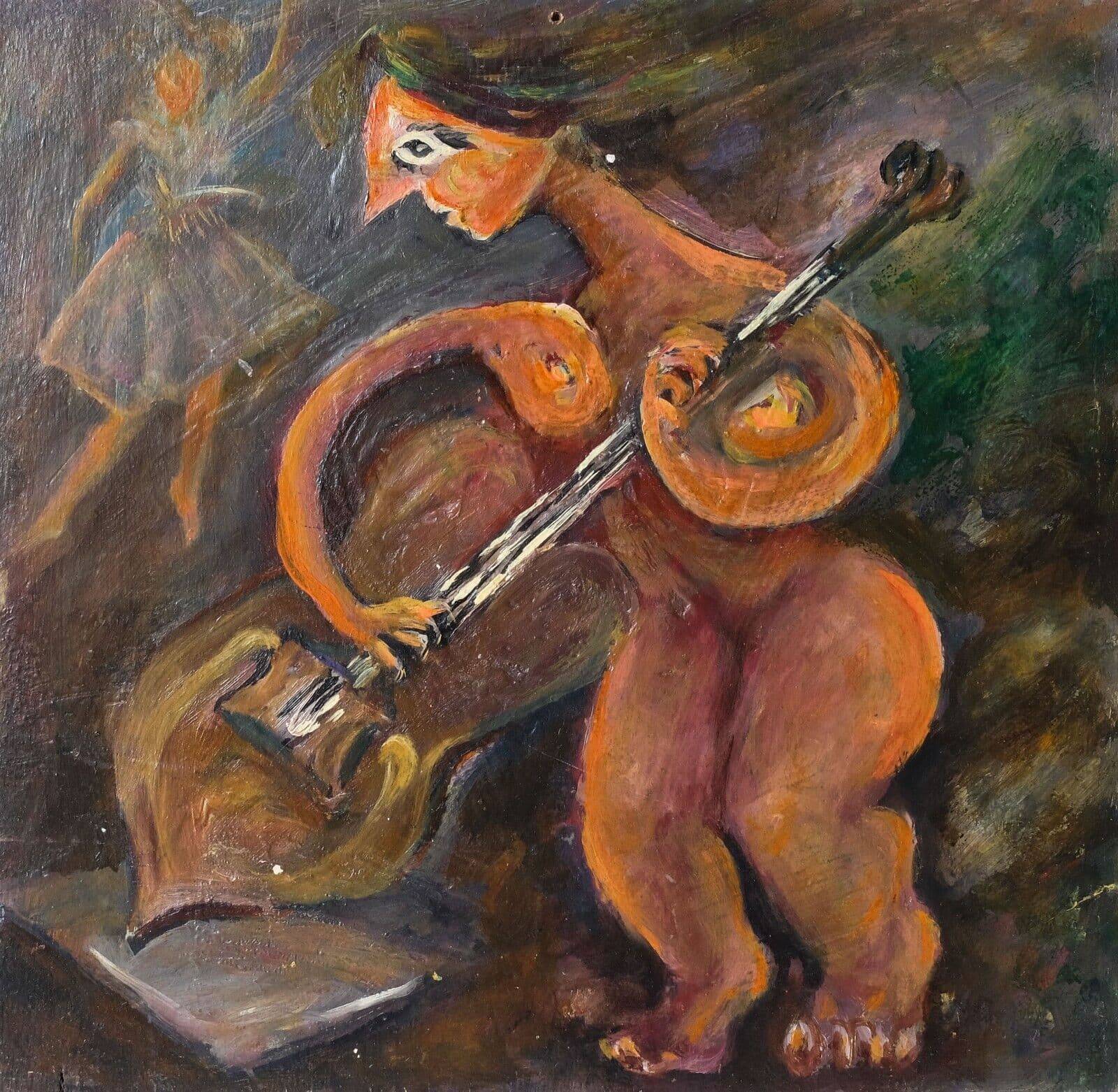 Modern Original Painting Cubist Woman Portrait with Violon