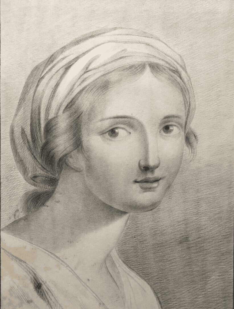 Original Antique Pencil 19th century Drawing Woman Portrait