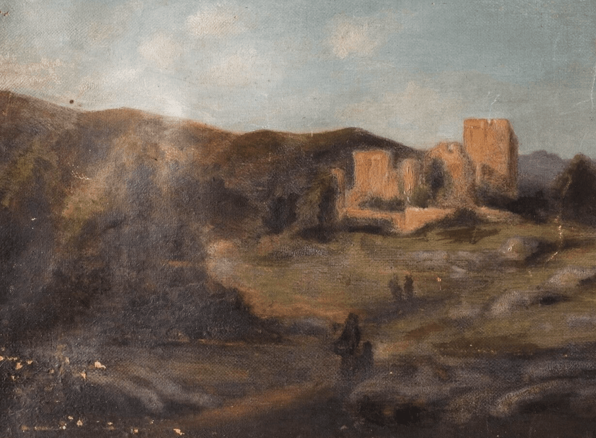 Antique Original Painting Landscape with Ruins, Castle 19th century People image 1