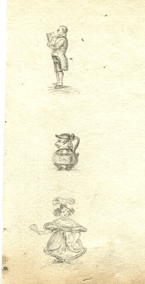 Antique Pencil Drawing Original 19th century Musketeer, Harp, Caricatures image 3