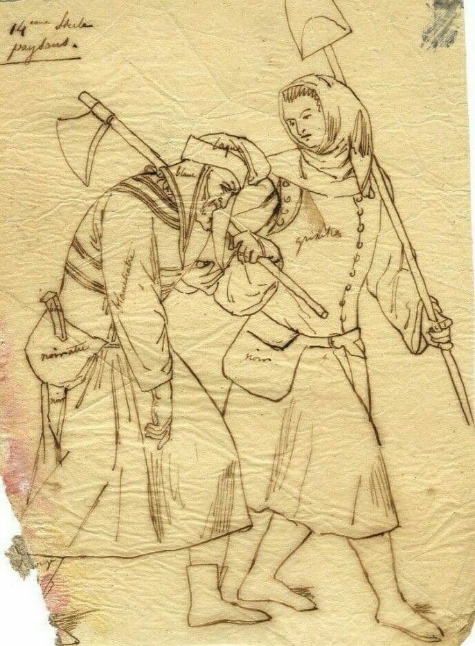 Antique Ink Old Drawing 19th century Peasant People, Figures Artwork