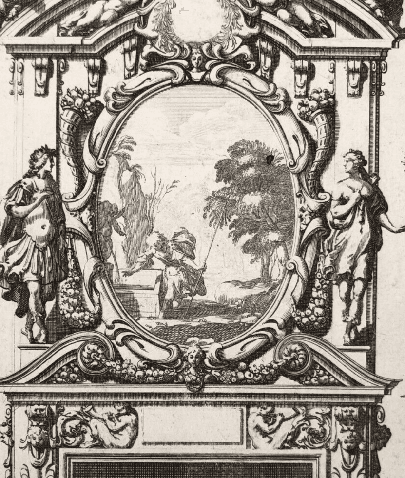 Etching Original Antique 17th century Architecture, Fireplace, Sculptures x4 image 3
