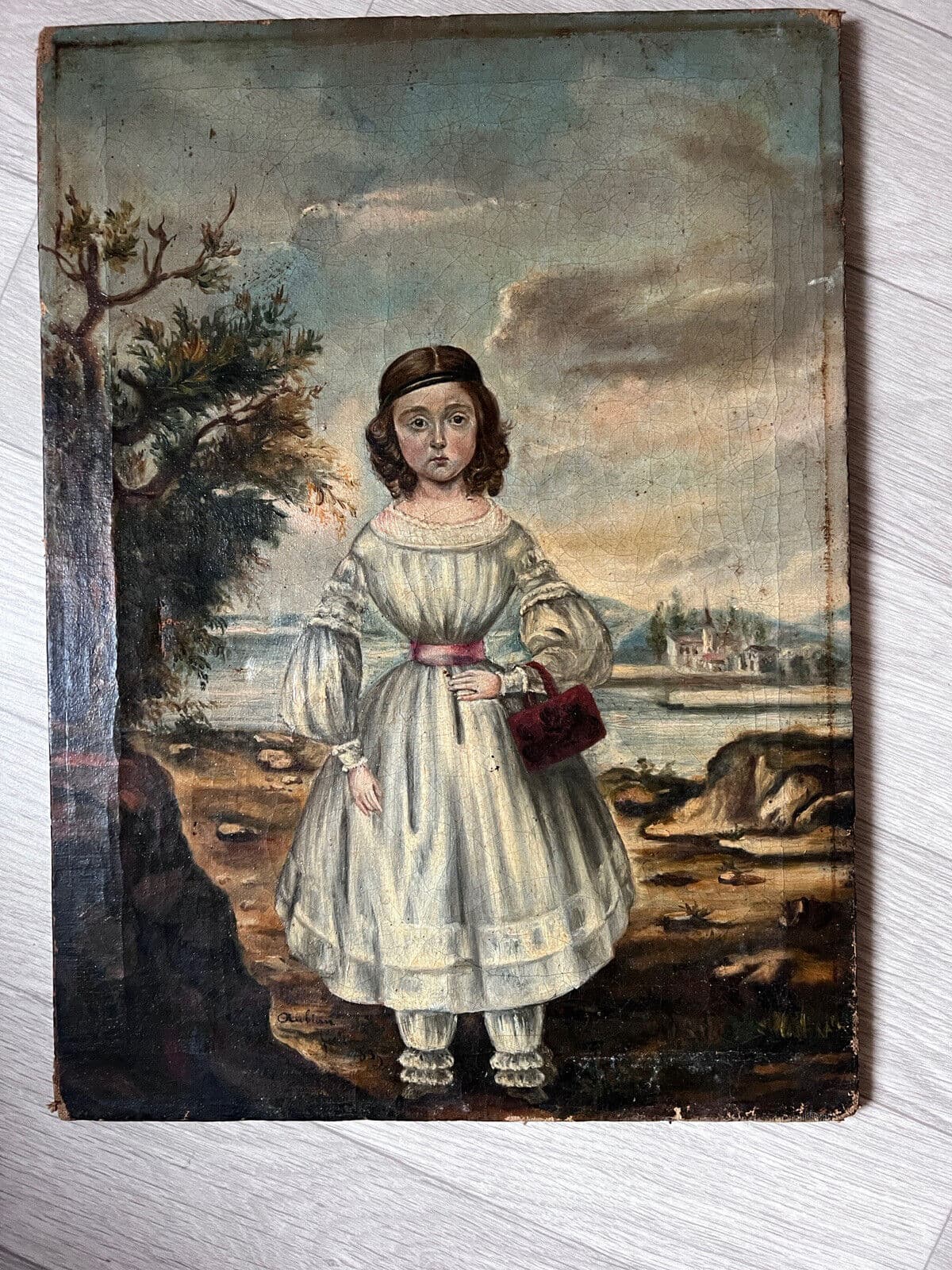 Painting Young Girl Portrait with Bag in Landscape 1839 Signed AUBIN