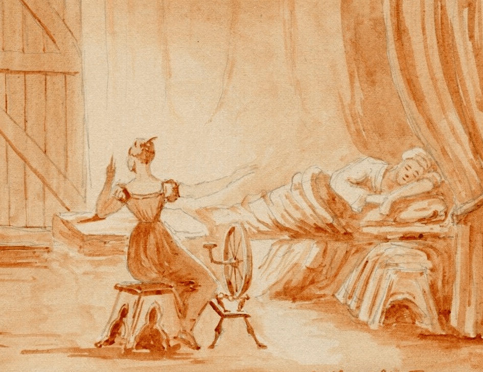 Antique Drawing Original People Man in Bed and Spinner