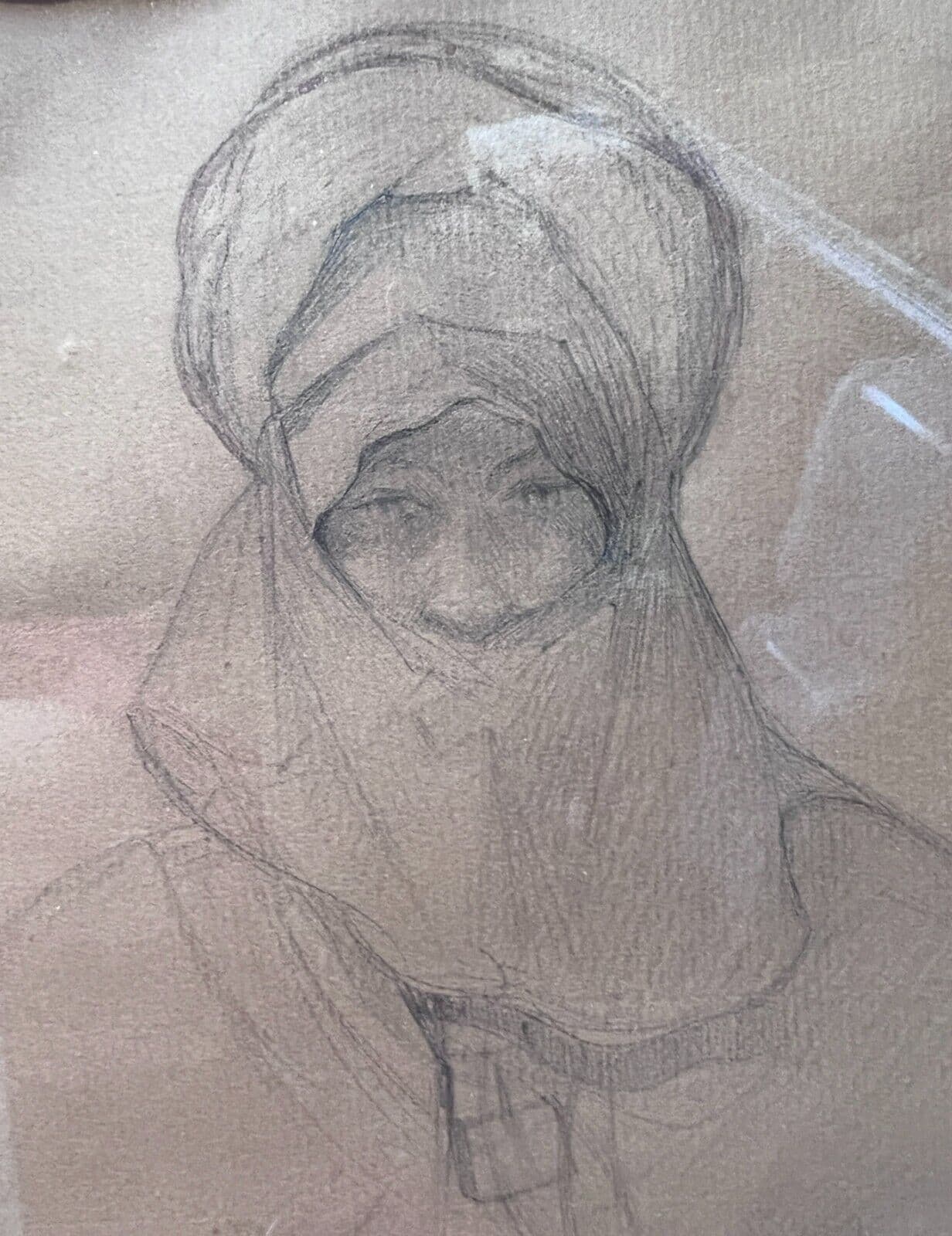Drawing Orientalist Man Portrait with Turban, Madagascar signed