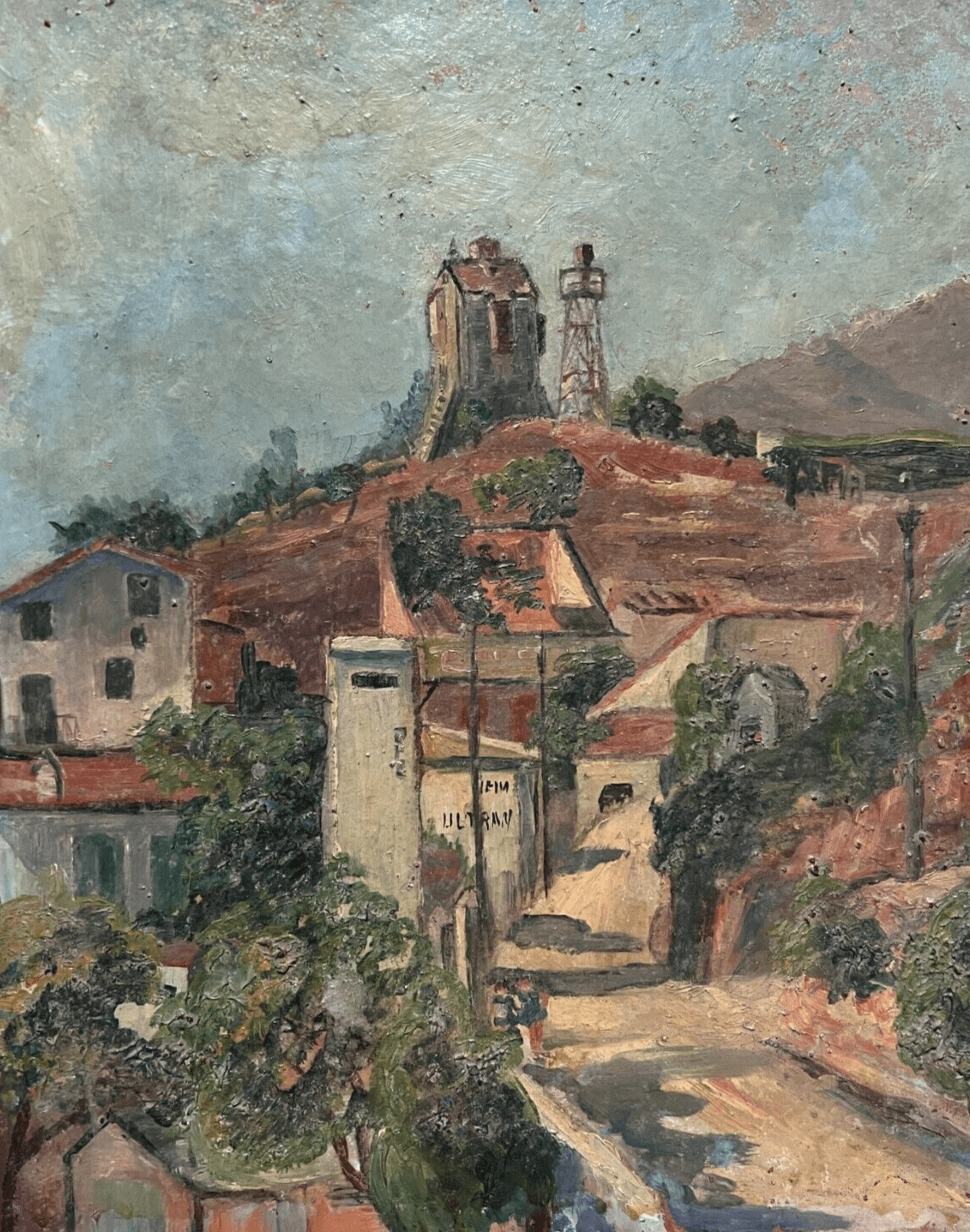 Antique Oil Painting Original Landscape, Cityview, Houses, Trees signed