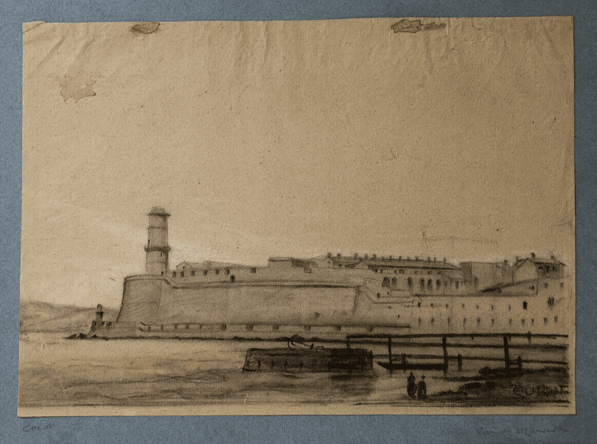 Antique Chacoral Drawing Original Maritime Port Landscape signed 19th century image 6