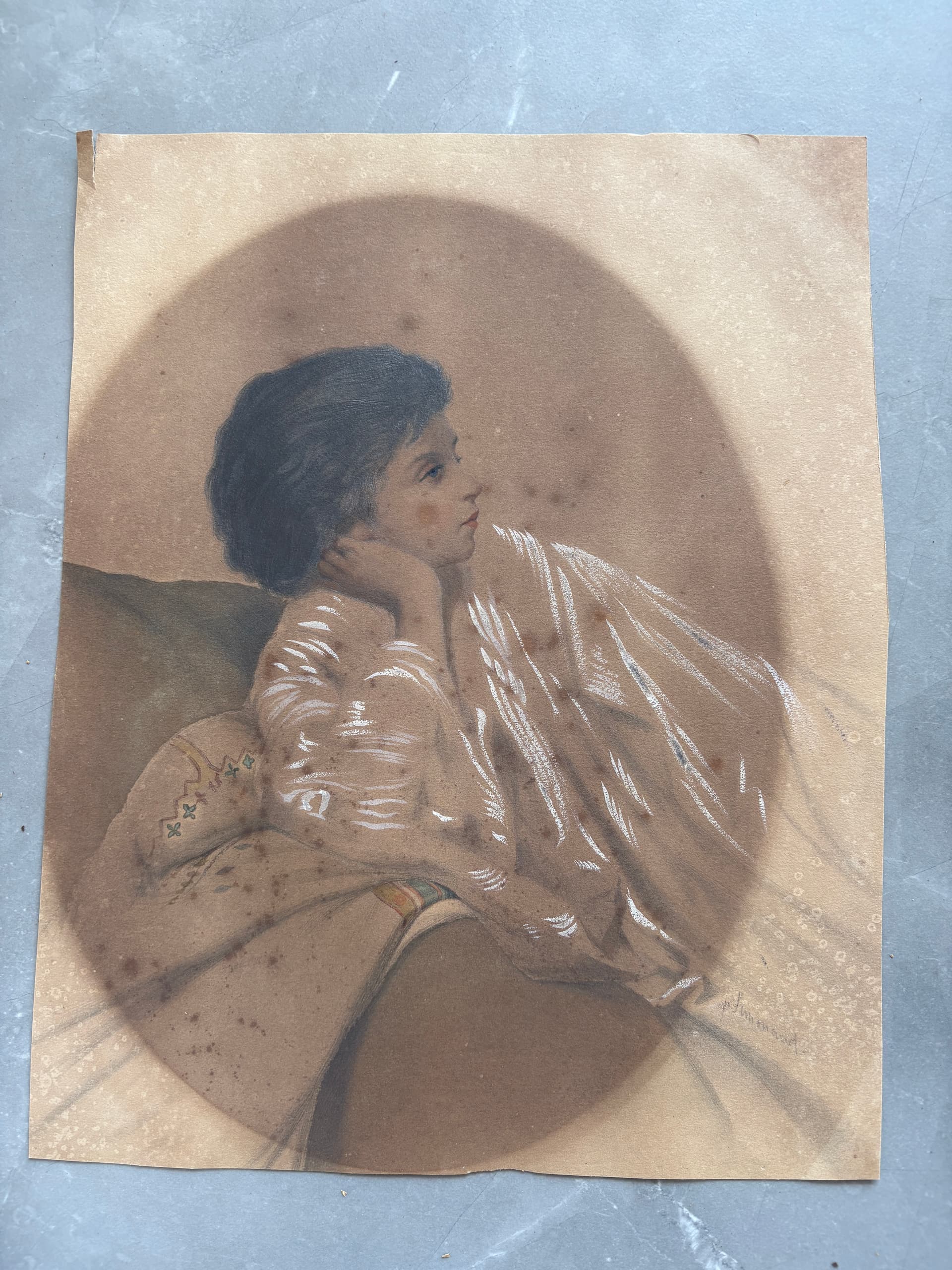 Antique Drawing signed Original Young Boy Portrait Posing