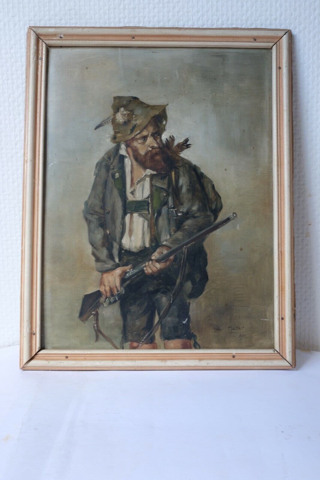Painting Hunter Man with Riffle Portrait signed 1904 image 2