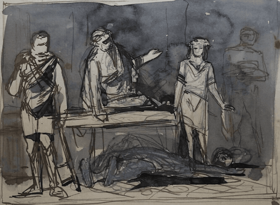 Vintage Original Drawing Man on a Bed, People, Death