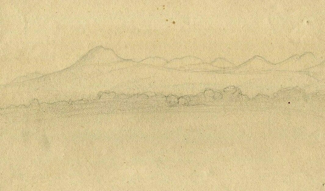 Antique Pencil Drawing 19th century of Hill Landscape, Mountain Puy de Drome