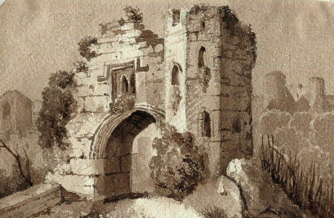 Antique Ink Original Drawing 19th century Ruins Landscape, House image 1