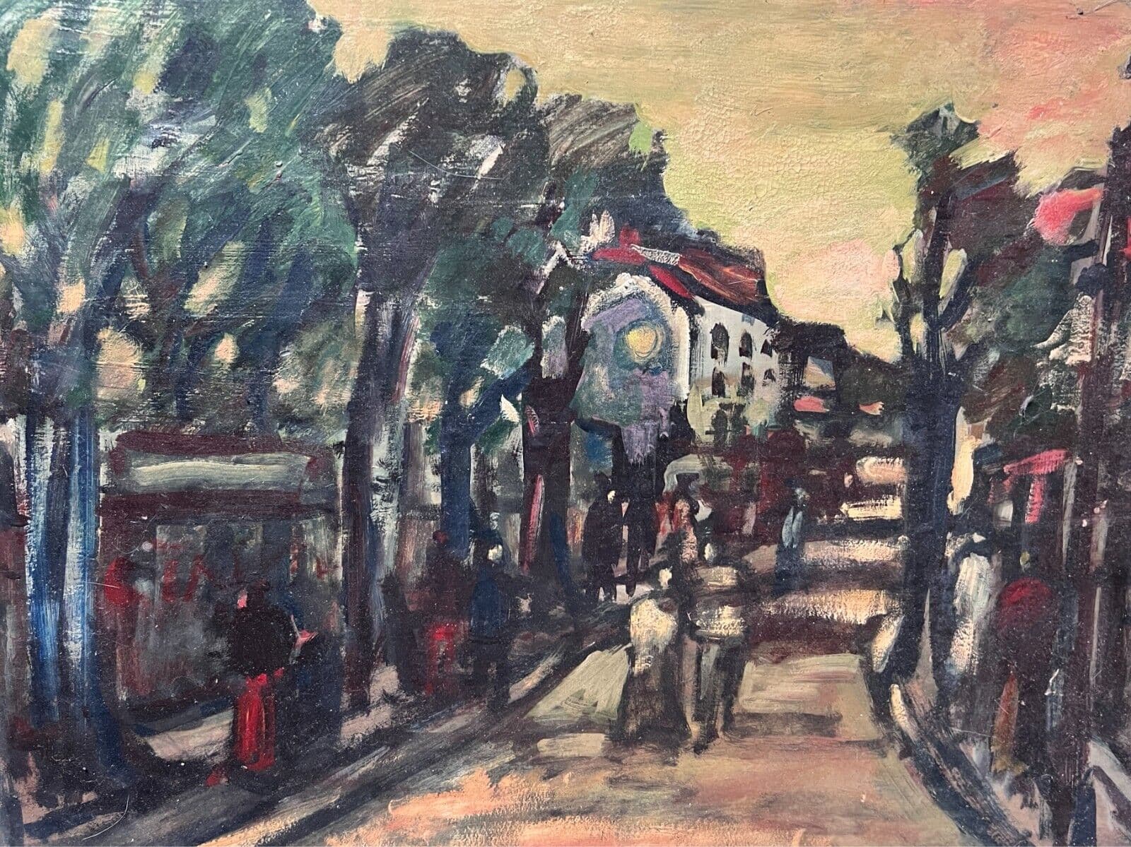 Antique Painting Original Landscape, Cityview, People signed