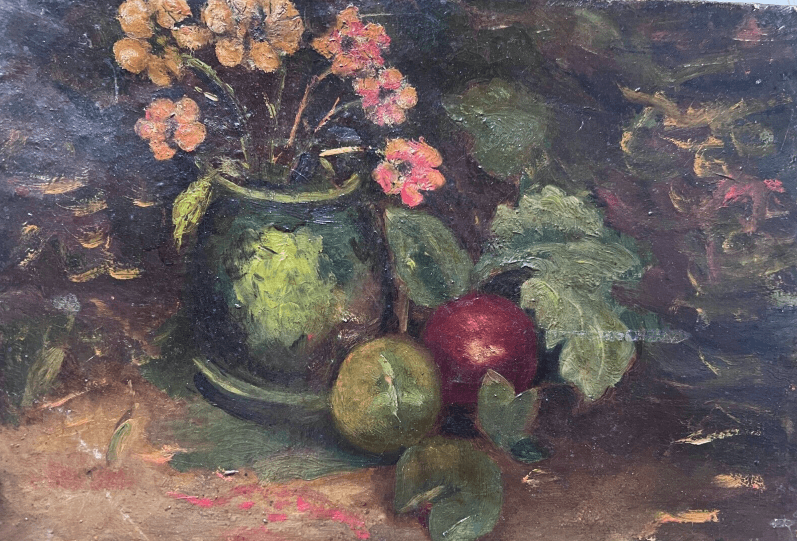 Vintage Antique Oil Painting Still Life Bouquet, Flowers in a Vase, Apples
