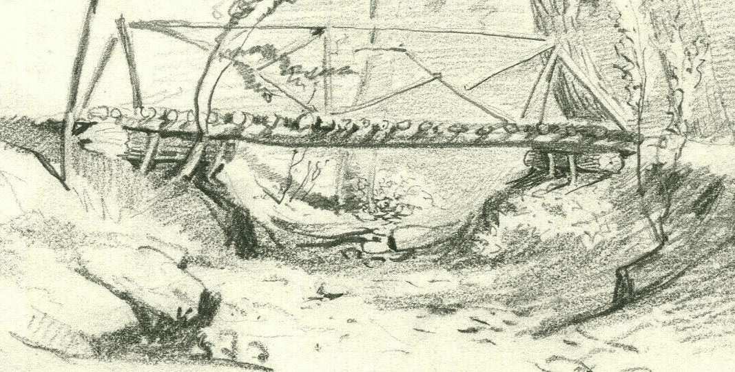 Antique Original Pencil Drawing Landscape, Bridge, Forest, Trees and River image 3