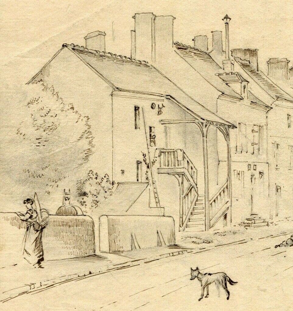 Antique Drawing Hippolyte De TREVISE Quincy Cityscapes with Dog and Woman 1884