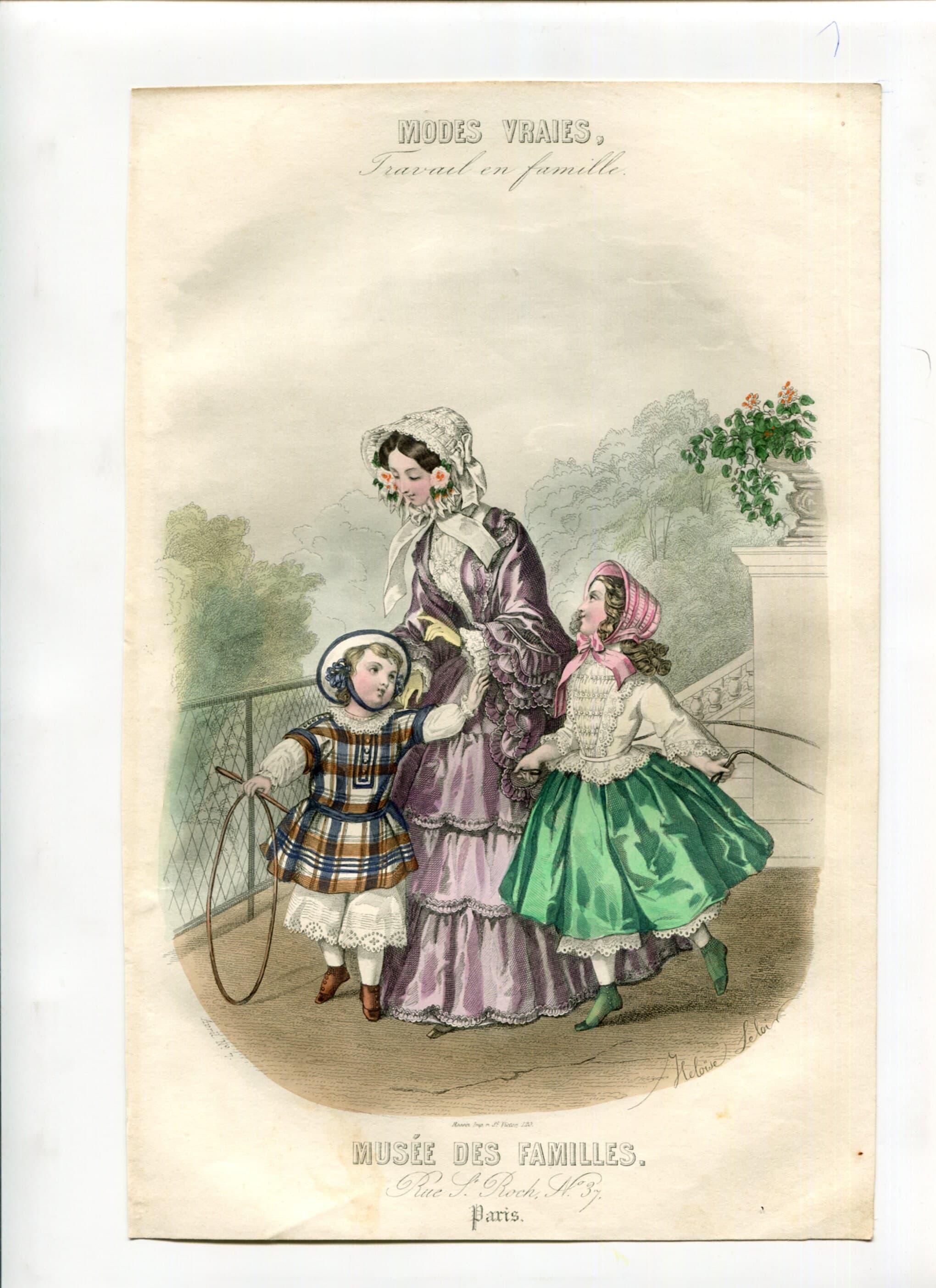 Antique Lithography 1860s Women & Children Fashion Print - Vintage Victorian Art image 2