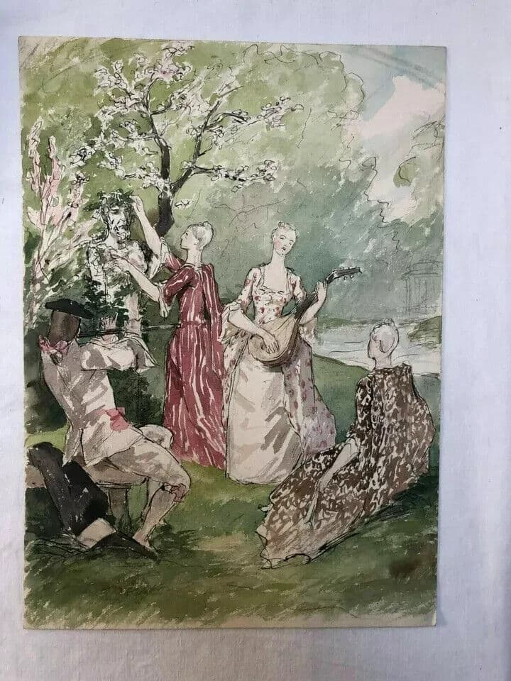 Vintage Drawing Original People, Women, Forest, Playing Musics image 7