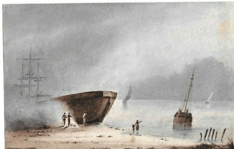 Antique Drawing Original 19th century Gouache Landscape by the Sea Artwork