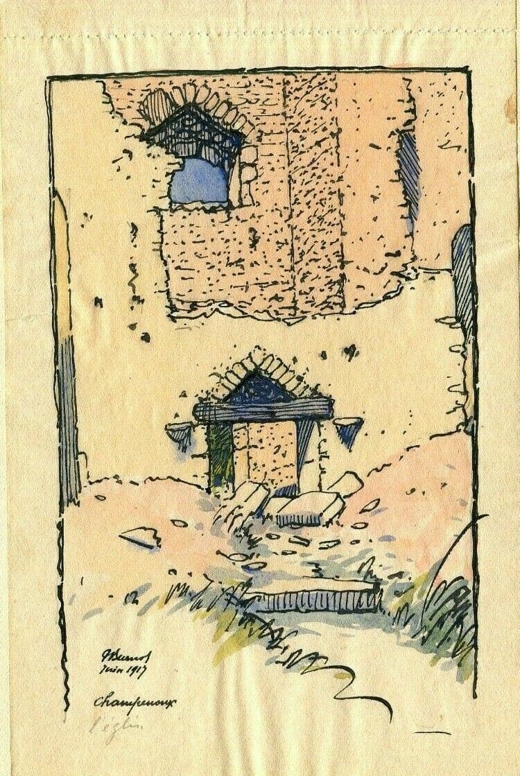 Vintage Ink Drawing Original signed Ruins House, Champreux, Lorraine 1917