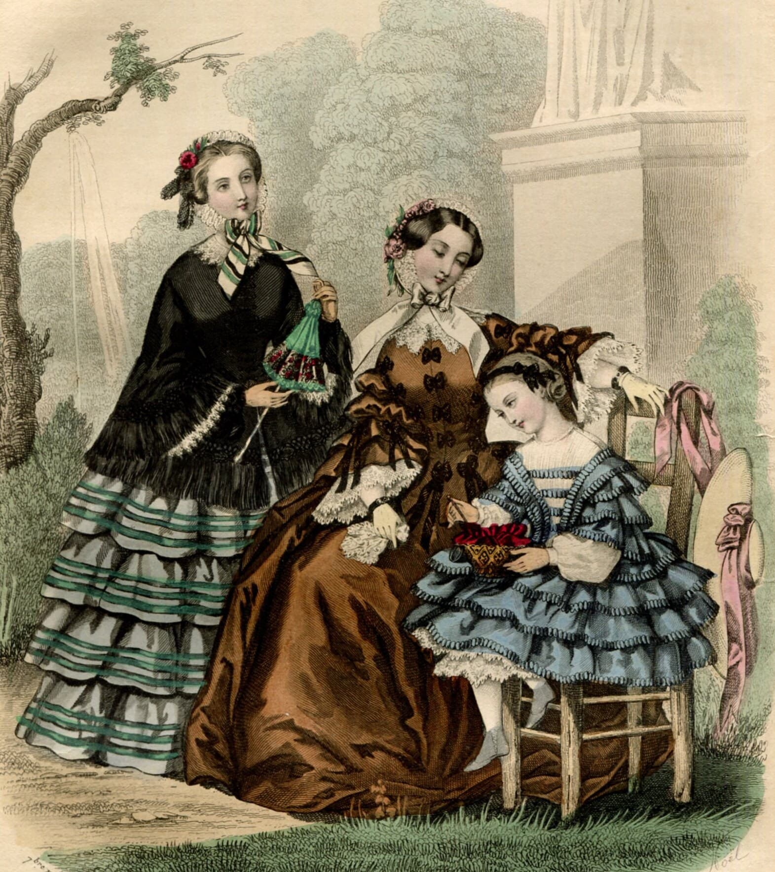 Vintage 1860' Old fashion, Victorian era fashion engraving, model antique image 1