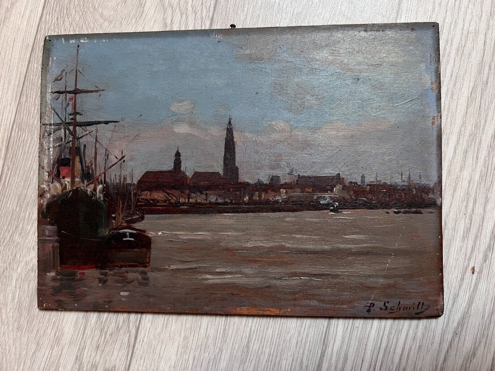 Antique Painting Original signed Anvers Port Seascape, Paul SCHMITT (1824-1885) image 2