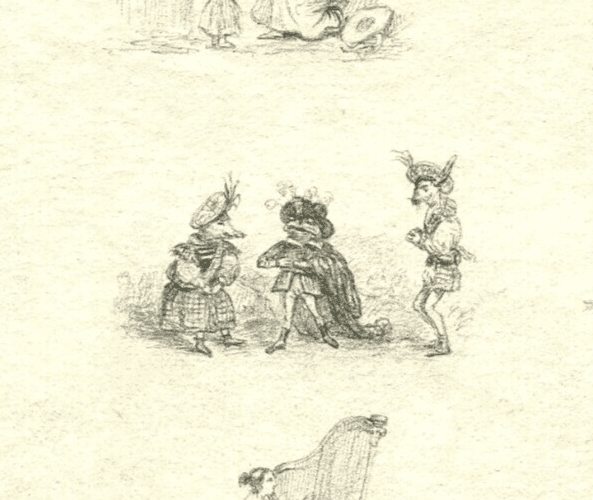 Antique Pencil Drawing Original 19th century Musketeer, Harp, Caricatures image 1